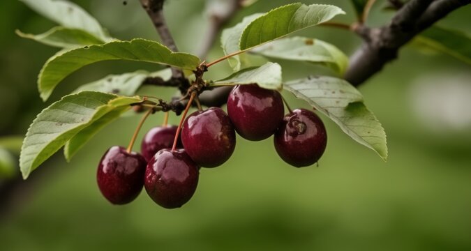  Bountiful harvest of ripe cherries on a tree branch