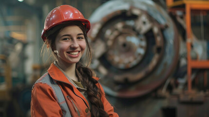 a girl teen worker with safety helmet smiling  in factory