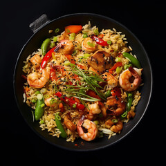 Fried rice with shrimp vegetables fresh. Asian Food. Top view