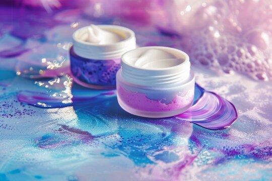 Facial girl skin care cream. Skincare treatment products: tropical lotion, skincare soothing hydrogel gel, oil, pipette with acrochordon serum and skin renewal cream jar pot