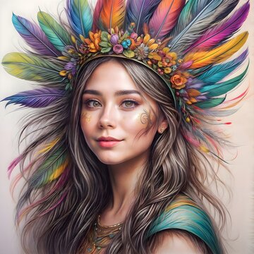 A captivating image of a woman adorned with a vibrant crown of colorful feathers
