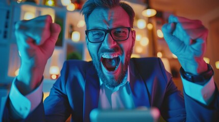 Euphoric happy businessman wear suit celebrate mobile win, excited overjoyed lucky executive winner receive good news in app message use smartphone rejoice bet win financial success victory in office
