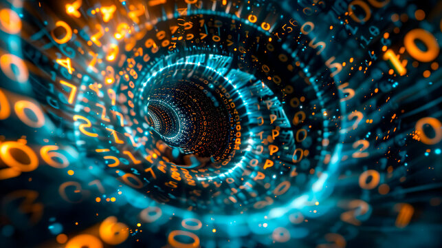 Concept of A whirlwind of rotating numbers and formulas, big data and artificial intelligence