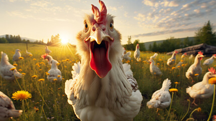 Happy free-range chicken in the meadow.