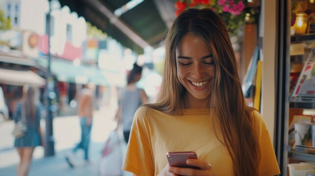 Glad sjekke sosiale medier holder smarttelefon hjemme. Smilende ung latinsk kvinne ved hjelp av mobiltelefon app spille spill,
