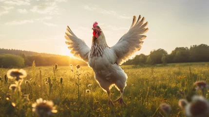 Rolgordijnen Happy free-range chicken in the meadow. © yasir