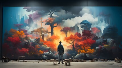 A person creating a large-scale mural on a whiteboard, using different colors and textures to bring the artwork to life
