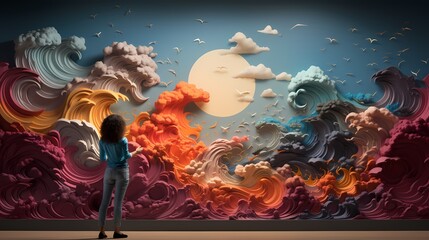 A person creating a large-scale mural on a whiteboard, using different colors and textures to bring the artwork to life - obrazy, fototapety, plakaty