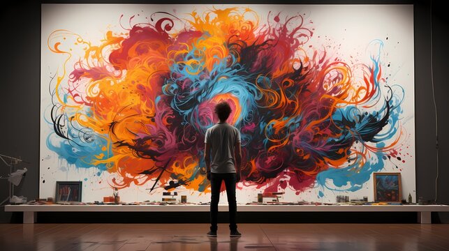 A person creating a graffiti-style artwork on a whiteboard, using bold colors and intricate designs to create a visually striking composition
