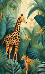 Fototapeta premium tropical jungle wallpaper design, giraffe, bird and leopard, hand drawing effect, wallpaper for kids room, interior design, mural art, Generative AI