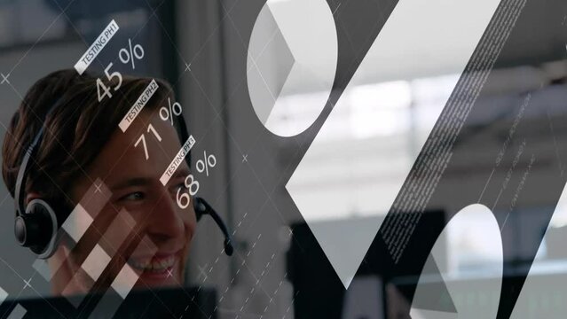 Animation of data processing over caucasian businessman using phone headset