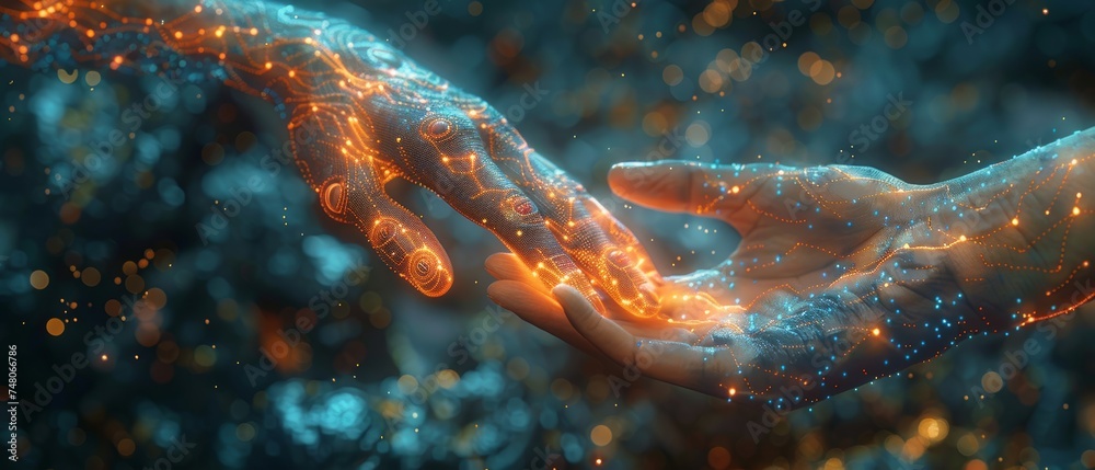 Poster Using artificial intelligence and machine learning, human hands touching on big data network connections, science and artificial intelligence technology, innovation.