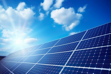 Solar panels reflect sparkling light From the sun on blue sky background, Clean energy, and good environment.
