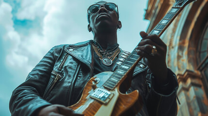Rock On Selfie: A Man with a Guitar and a Leather Jacket - obrazy, fototapety, plakaty