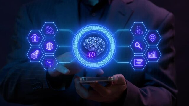 AI artificial intelligence icon hologram above smartphone. Machine learning concept, big data, science, innovation technology, cloud computing, futuristic, internet network communication