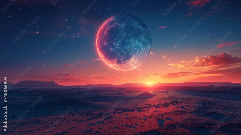 Poster crescent moon and star on dusk sky with beautiful twilight, evening sky background with free space f