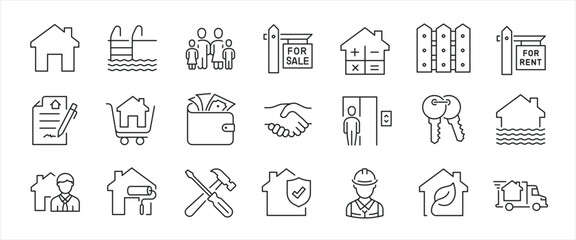 Real estate, simple minimal thin line icons. Related mortgage, building, construction. Editable stroke. Vector illustration.
