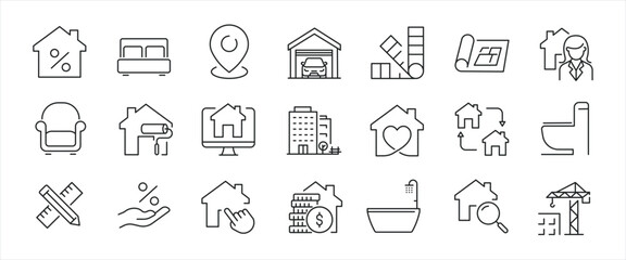 Real estate, simple minimal thin line icons. Related mortgage, building, construction. Editable stroke. Vector illustration.