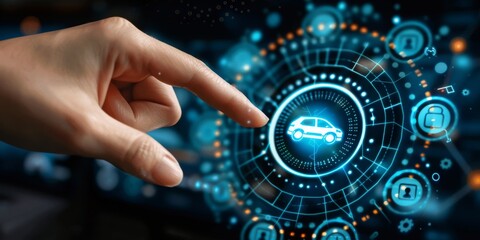 A hand presses a holographic car symbol to start an electric car, Generative AI