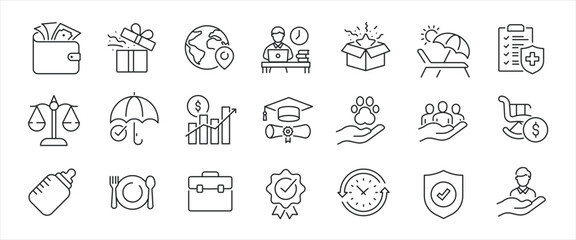 Beneftis simple minimal thin line icons. Related bonus, incentive, compensation, career. Editable stroke. Vector illustration.