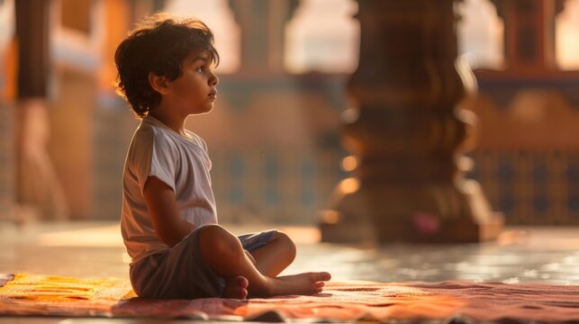 A young child sitting crosslegged on a mat intently listening to their teachers lesson in an ancient Indian Gurukul.