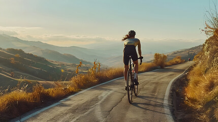 Woman Riding Bicycle at Sunset on Mountain Road
