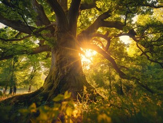 The sun's rays pass through the foliage of the tree in the forest
