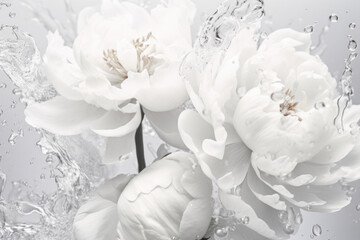 Beautiful white peony flowers with water splashes