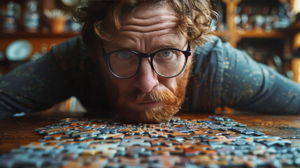 Man with a Puzzle in a Selfie: A Challenge for His Mind - obrazy, fototapety, plakaty