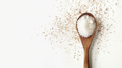 sugar in wooden spoon on white background