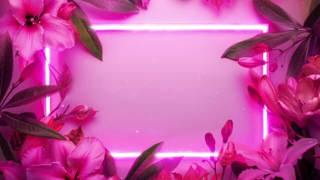 beautiful spring or summer animated backdrop, flowers, sun light rays, floating glowing particles, glowing neon frame, blank copy space, banner card composition, 4k seamless loop