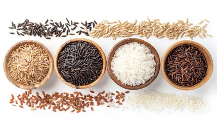 Various type and color of rice ; riceberry, brown coarse rice and white thai jasmine rice in wooden bowl isolated on white background. Healthy food concept. Flat lay.