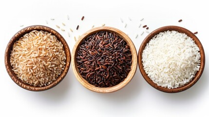 Various type and color of rice ; riceberry, brown coarse rice and white thai jasmine rice in wooden bowl isolated on white background. Healthy food concept. Flat lay. - obrazy, fototapety, plakaty