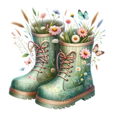 Botanical Illustration of Flower-Filled Boots with Butterflies