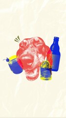 Pop art style dog muzzle with cocktail and bottle against textured background. Vertical poster. Contemporary art collage. Concept of animal theme, party, alcohol drink, surrealism