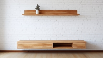 Minimalist Wooden Floating Shelf and Cabinet on White Brick Wall