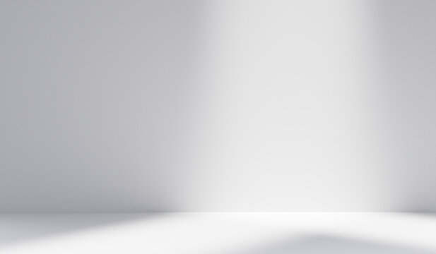 Abstract white studio background for product presentation. Empty room with shadows. friendly interior concept 3d render, Mock up for exhibitions,copy space, minimal concept
