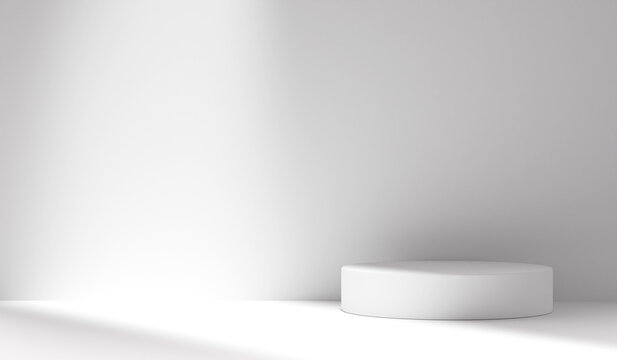Empty room with shadows and pedestal. Abstract white studio background for product presentation. friendly interior concept 3d render, backdrop and mockup, copy space, minimal concept, Space for text