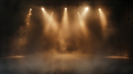 empty stage with smoke and yellow spotlights - obrazy, fototapety, plakaty
