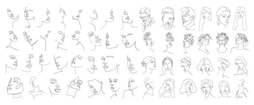 Big Set of abstract portrait in one line style. Woman beauty fashion concept. - Vector illustration