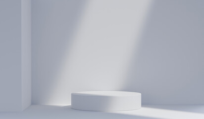3d render abstract white studio background for product presentation display scene with sunlight, pedestal cosmetic products. Luxury summer architecture interior aesthetic, Exhibition Podium, stand