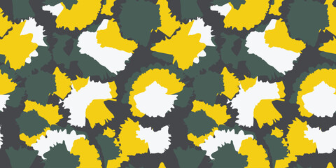 Vector hand drawn sketch multicolored yellow green white ebru effect seamless pattern. Abstract circular brush strokes with round random stains, drops, spots patterned. Collage template for designs