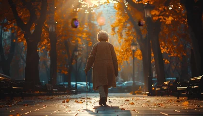 Foto op Plexiglas Elderly lady with a cane enjoying a leisurely walk in the park on a bright and sunny day © Viktoria