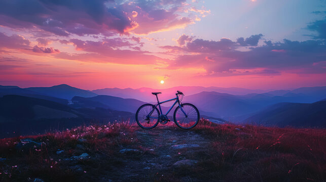 Isolated Racing Bike With Nobody On A Deserted Mountain With Sunset. Beautiful Landscape And View. Bicycle Cylism Background © Immersive Dimension