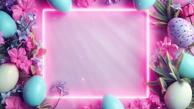 beautiful spring easter animated backdrop, sun light rays, floating glowing particles, blank copy space, easter eggs, banner card composition, 4k seamless loop
