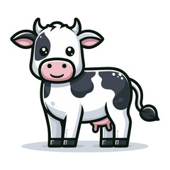 Obraz premium Cute cow full body cartoon mascot character vector illustration, funny adorable farm pet animal cow design template isolated on white background