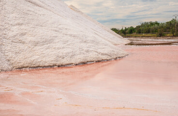 Salins d’Aigues-Mortes, Camargue, France. Europe's largest salt marshes Salin-de-Giraud, sea salt production. Pink salt marshes.