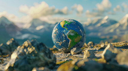 A strikingly detailed image of a realistic Earth globe on a rocky surface with a cloudy mountaintop backdrop