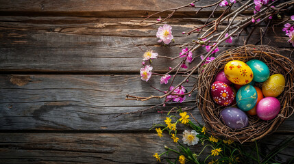 A picturesque scene capturing Easter eggs nestled in a nest surrounded by cherry blossom branches on aged wood