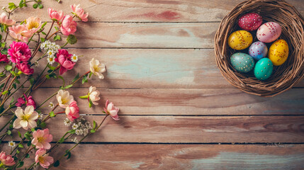 A colorful arrangement of Easter eggs in a basket alongside spring blossoms on wooden background